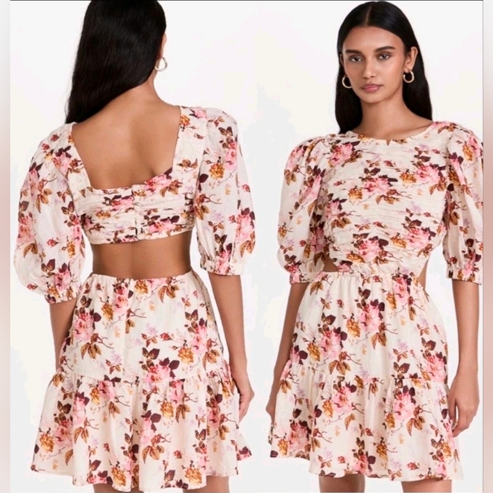 Sea New York Floral Puff-Sleeve Dress in Cream and Pink